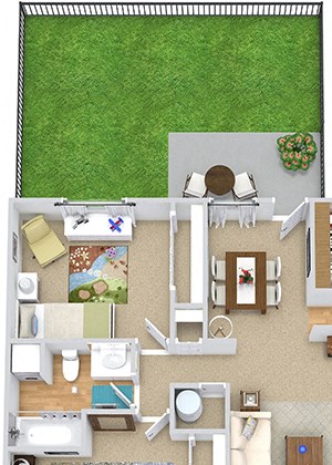 Hampton with Fenced-in Yard Hampton with Fenced-in Yard. 2 bedroom apartment. Kitchen, living and dinning rooms. 1 full bathroom. Patio/balcony open to yard
